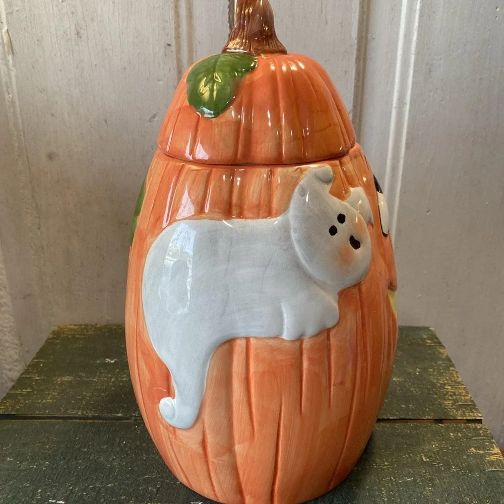 Vintage‎ 90s Ceramic Cookie Jar Halloween Tall Pumpkin Black Cat Ghost Canister